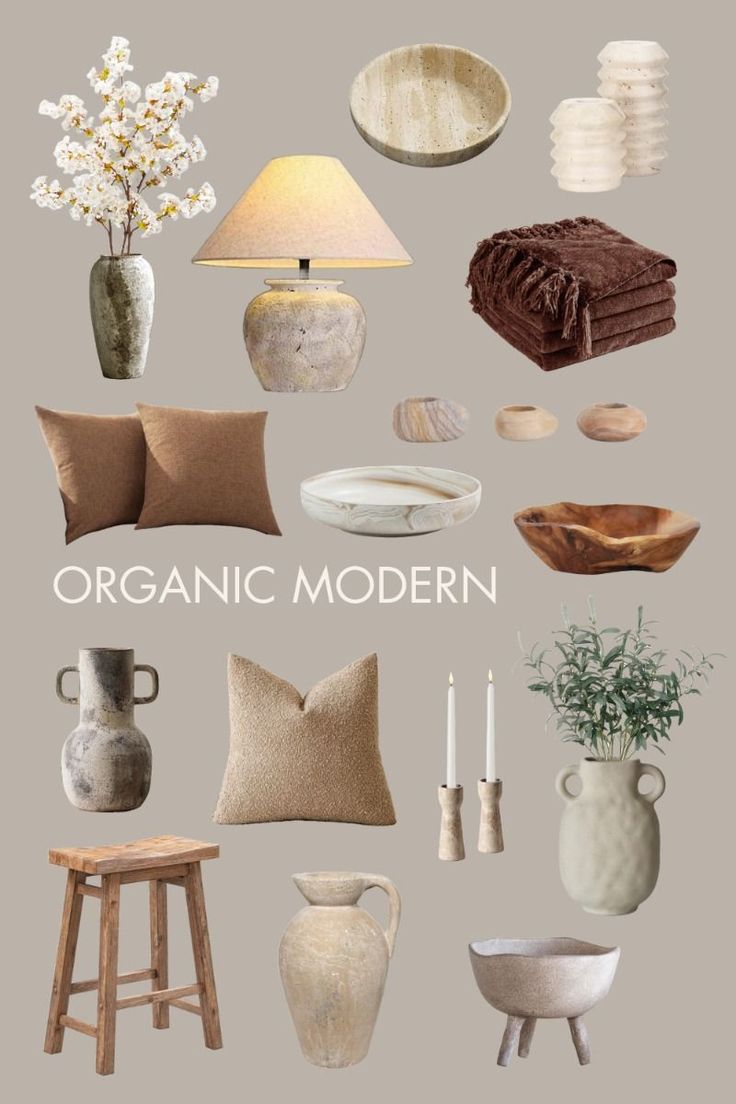 an image of organic modern furniture and accessories in neutral colors with text overlaying the image