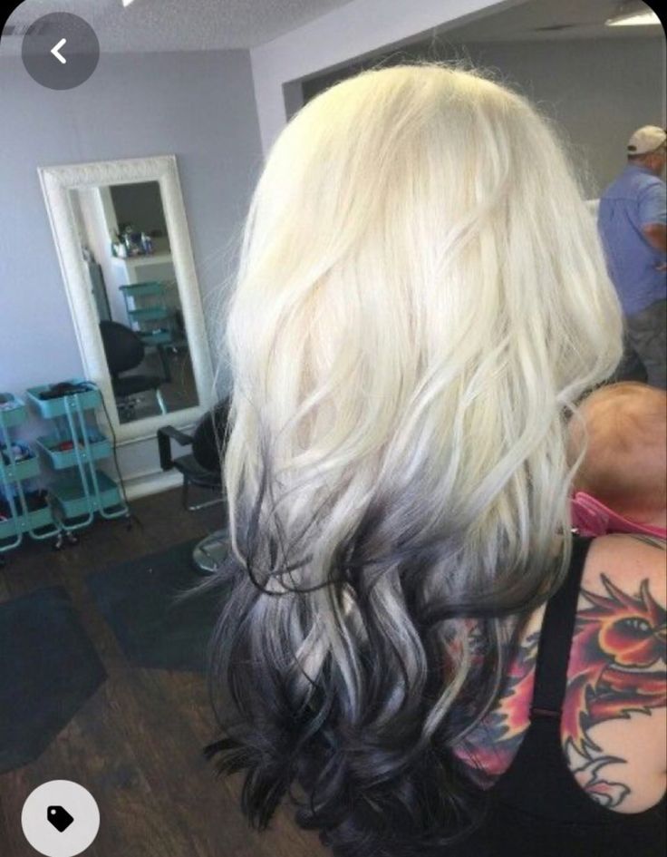 Black With White Hair, White Hair With Black Tips, White Hair Ideas, Curly Hair Coloring, White And Black Hair, Blonde And Black Hair, Grey Balayage, White Ombre Hair, Reverse Ombre Hair