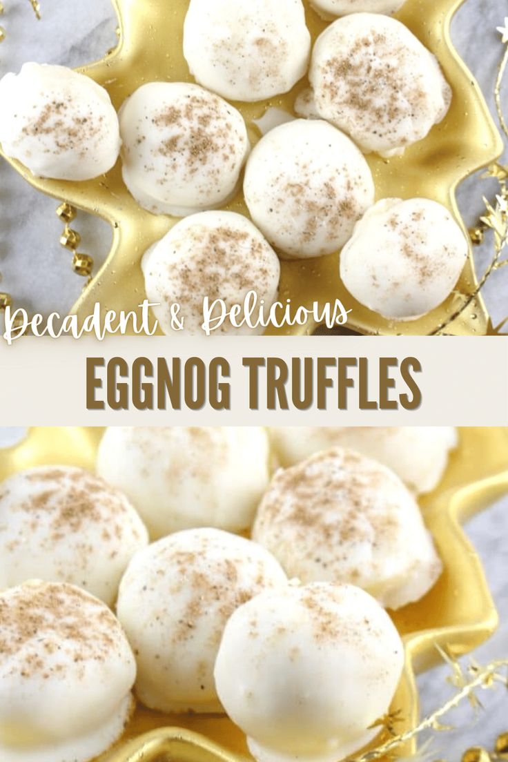 eggnog truffles with cinnamon sprinkles in a gold tray