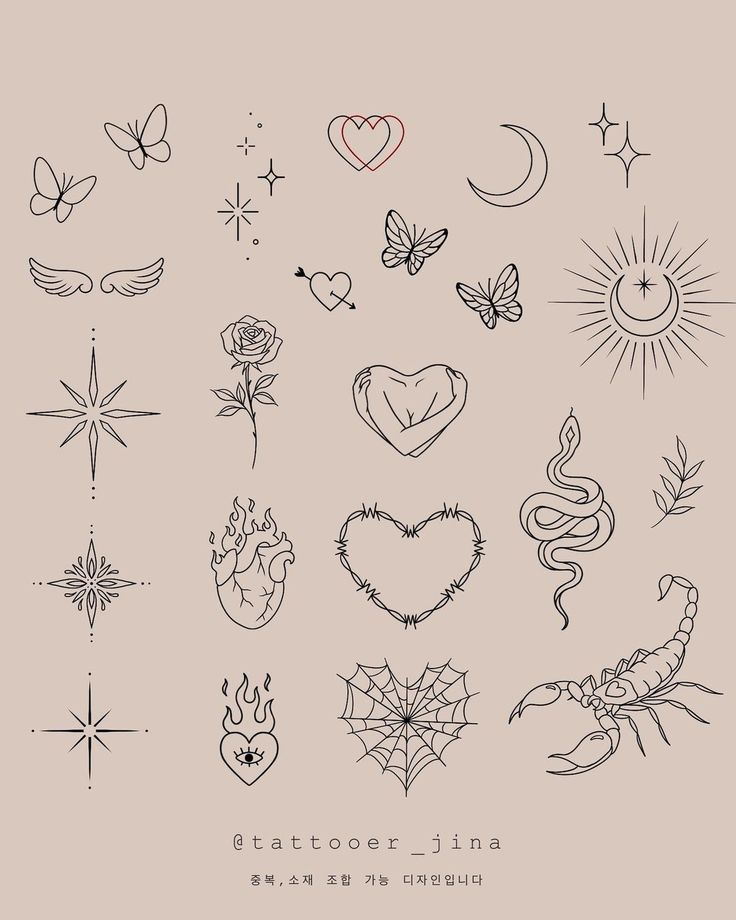 an assortment of tattoo designs on a beige background