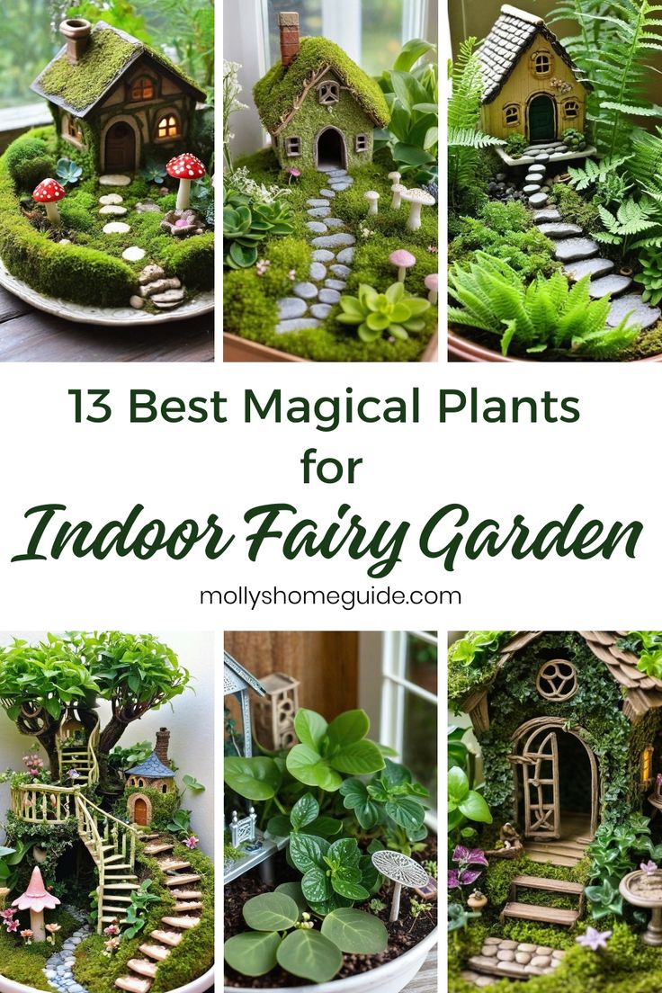 the best fairy garden for indoor fairy gardens is in this postcard with pictures of different houses, trees and plants