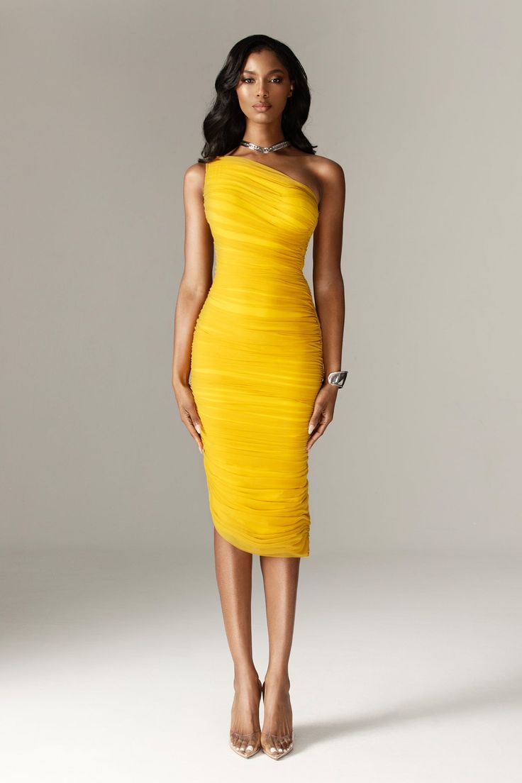 Natasha Ruched Organza Mesh Midi Dress (Yellow) Dinner Date Dress, Yellow Cocktail Dress, Yellow Bodycon Dress, Petite Cocktail Dresses, Figure Sculpting, Cocktail Dress Yellow, Mesh Midi Dress, Yellow Midi Dress, Midi Cocktail Dress