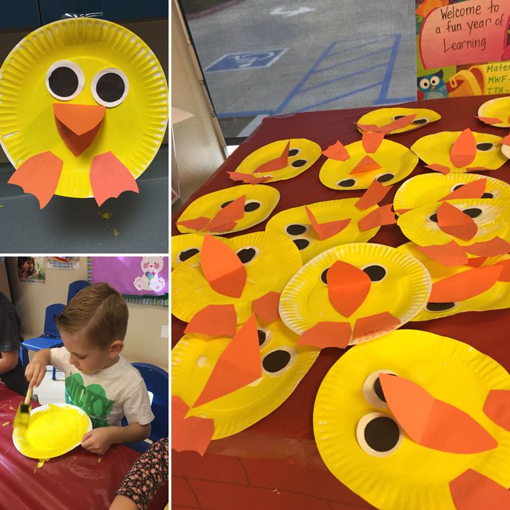 there are pictures of paper plates made to look like birds and other things on the table