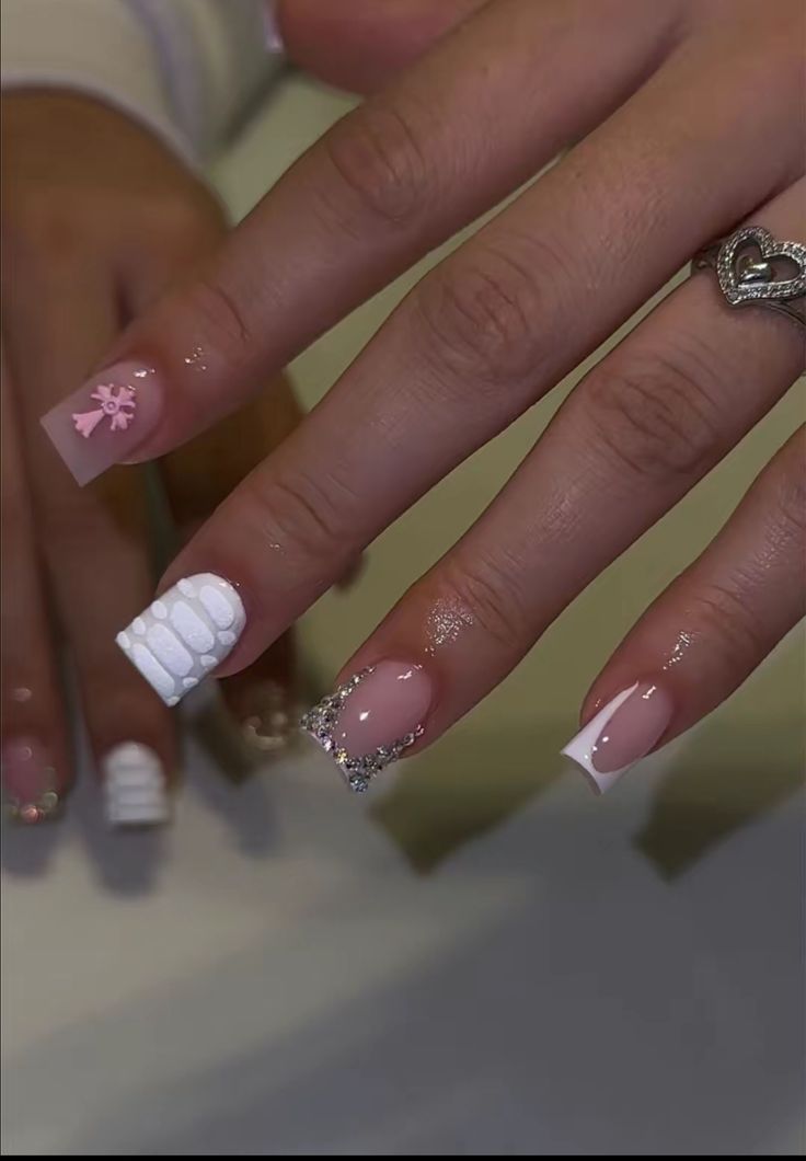 White Silver And Pink Nails, Pink White Silver Nails, French Tip Pink Nails, Nails French Tip Pink, Silver And Pink Nails, Short Nails Inspo, 5 Meaning, French Tip Pink, Nails Back To School