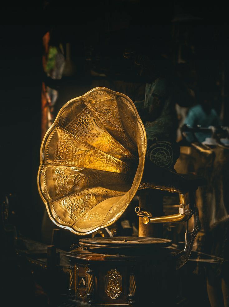 an old brass instrument sitting on top of a table