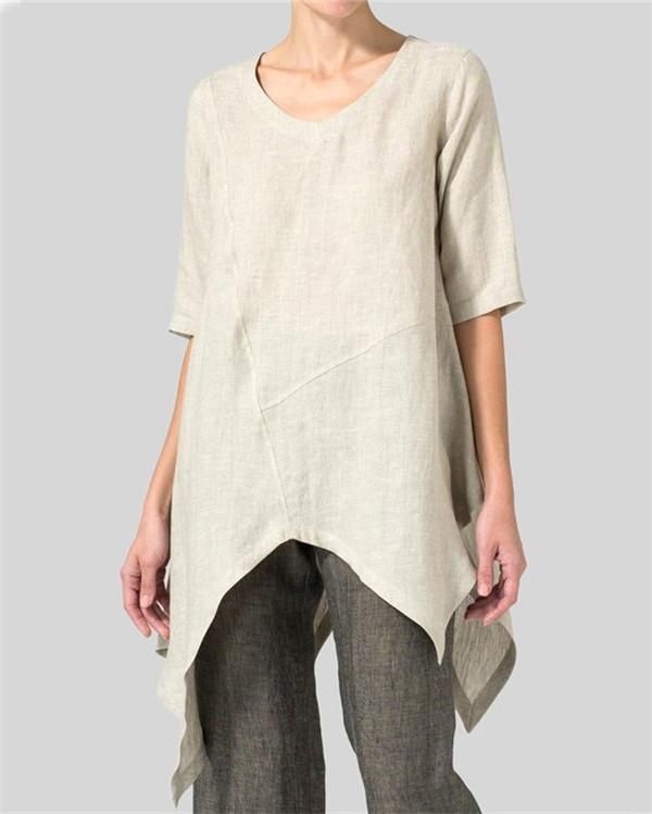 Asymmetric Solid Short Sleeve Crew Neck T-shirts Elegant Party Dresses, White Dress Party, Linen Short, Loungewear Set, Plus Size Blouses, Color Khaki, Casual T Shirts, Long Tops, Half Sleeves