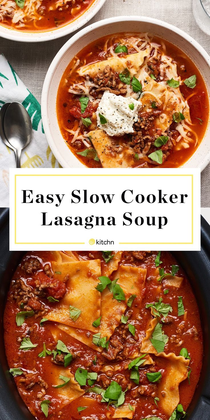 the easy slow cooker lasagna soup is ready to be eaten