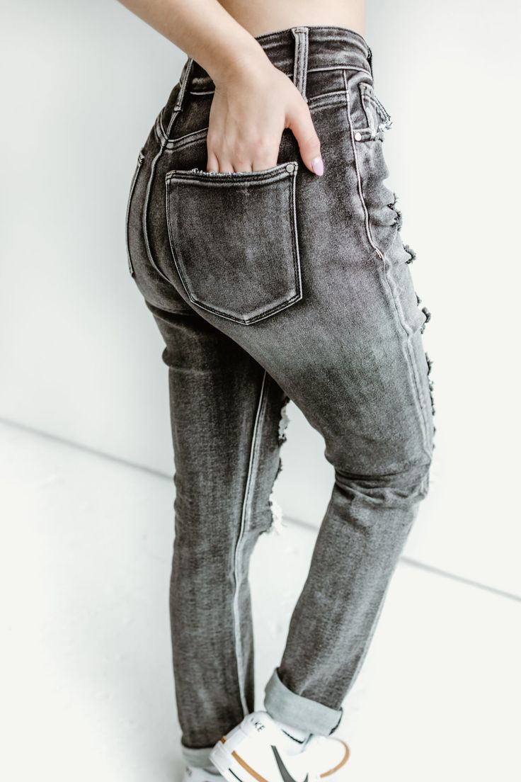 DISTRESSED SUPER HIGH RISE MOM GREY JEANS W/ CUFF JEANS - 10.5" Rise, 27" Inseam, Modeled in size 3/25 - Super high rise, Stretch Mom jeans - 1.25" Double cuffed hem - Button closure and zip fly - 5-pocket styling Distressed Stretch Jeans In Grunge Style, Stretch Distressed Grunge Jeans, Mid-rise Washed Gray Bottoms, Washed Mid-rise Gray Bottoms, Gray Washed Mid-rise Bottoms, Gray Ripped Cotton Jeans, Gray High Rise Cotton Jeans, Gray Stretch High Rise Jeans, Gray High-rise Cotton Jeans