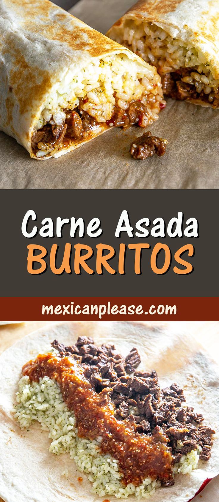 a burrito cut in half with the words carne asada burritos next to it