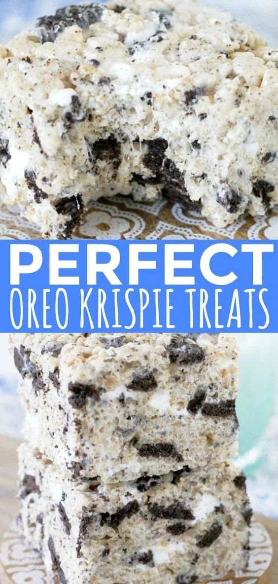 two pieces of oreo krispy treats stacked on top of each other with the words, perfect oreo krispie treats