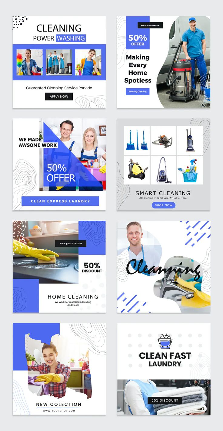 several banners for cleaning company with blue and white colors