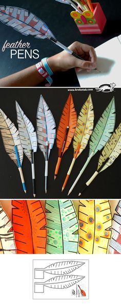 paper feathers are being made with colored pencils