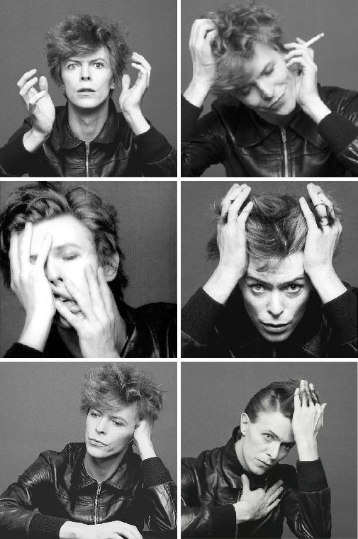 four different shots of a man with his hands on his head