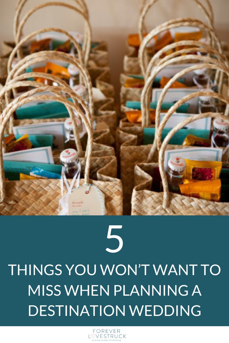 baskets filled with different types of items and the words 5 things you won't want to miss when planning a destination wedding