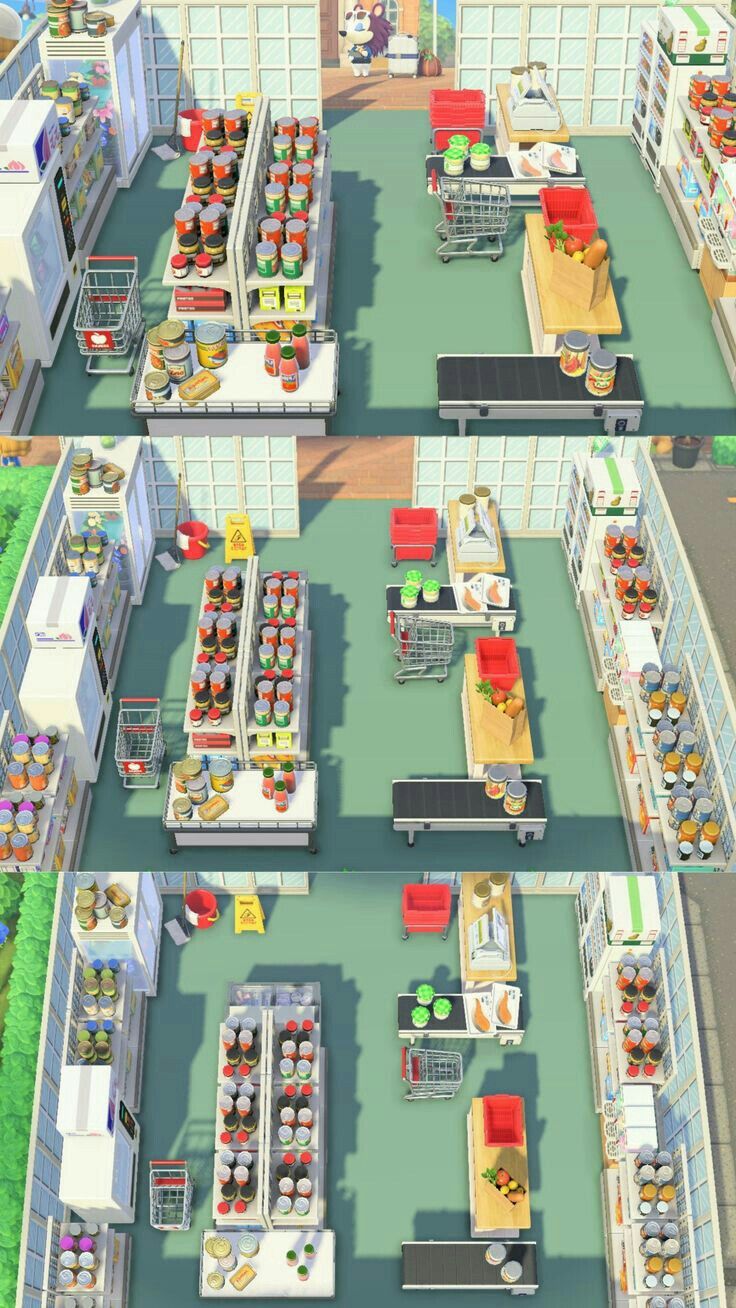 Acnh Shopping Cart Area, Store Ideas Animal Crossing, Animal Crossing Store Design, Animal Crossing Island Shop Ideas, Animal Crossing Stores Idea, Animal Crossing Food Market, Acnh Store Design Ideas, Store Front Animal Crossing, Market Acnh Design