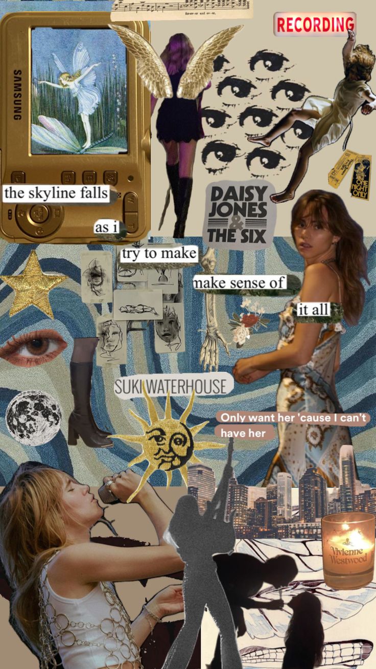 the collage has many different pictures and words on it, including an image of a woman