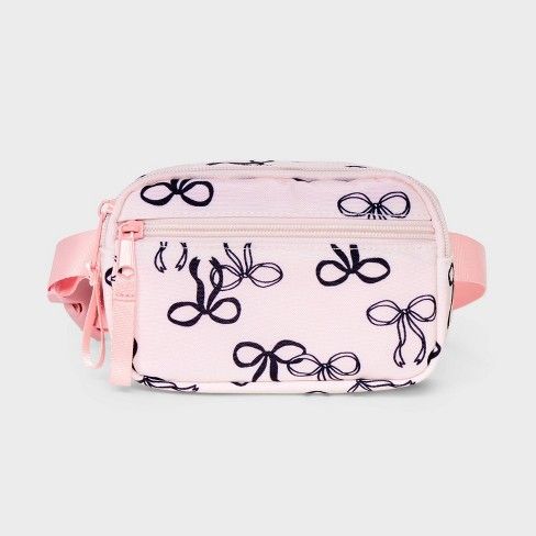 Girls' Bow Print Crossbody Bag - Cat & Jack™ Pink Adjustable Pink School Bag, Pink School Bags With Cell Phone Pocket, Trendy Adjustable Bags For Back To School, Trendy Rectangular School Belt Bag, Trendy Pink Rectangular Belt Bag, Trendy School Belt Bag With Cell Phone Pocket, Casual Pink Rectangular Belt Bag, Trendy Pouch Belt Bag For School, Trendy Belt Bag With Removable Pouch For School