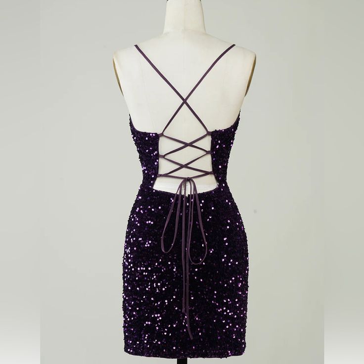 Super Cute, Brand New, Sequin Dress, With Tie In The Back, Size 2 Fitted Purple Dress With Tie Back, Fitted Purple Mini Dress For Homecoming, Fitted Dress With Lace-up Back For Party Season, Purple Mini Sequin Dress For Prom, Evening Mini Dresses With Lace-up Back, Purple Mini Sequin Prom Dress, Purple Sequined Mini Dress For Formal Occasions, Purple Homecoming Dress For Party Season, Fitted Tie Back Mini Dress For Homecoming