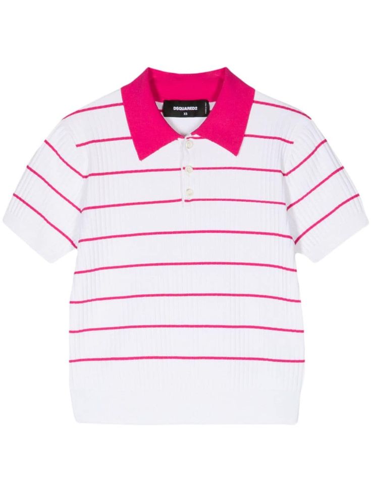 white/fuchsia pink ribbed knit horizontal stripe pattern polo collar front button placket short sleeves straight hem cropped Disco Fashion, Cropped Polo, Polo Shirt White, Polo Top, White Polo, Striped Polo Shirt, Fuchsia Pink, Cynthia Rowley, Polo Collar