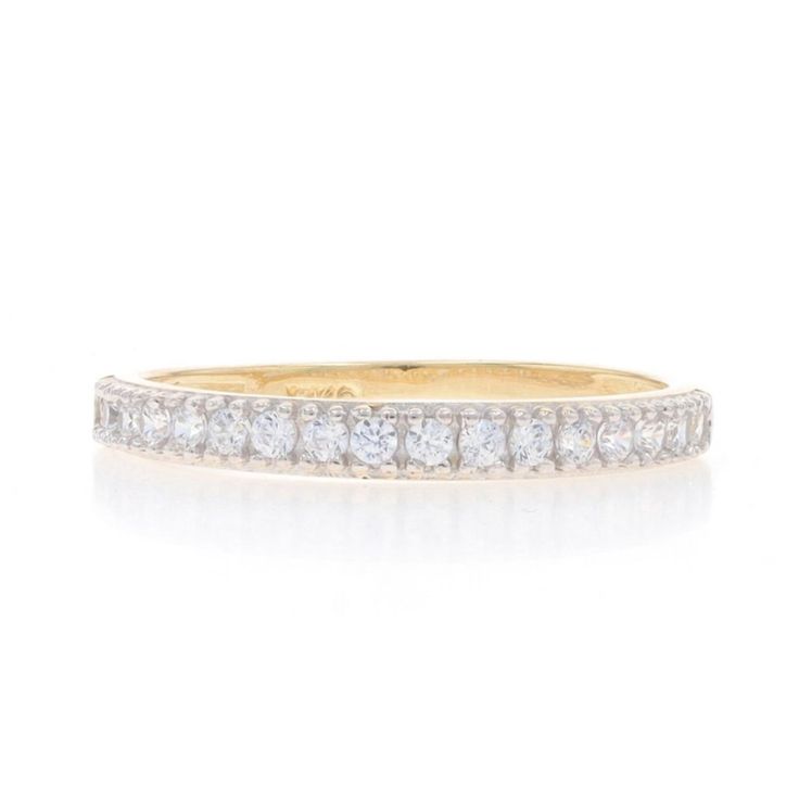 Size: 6 3/4 Sizing Fee: Up 2 Sizes For $35 Or Down 1 Size For $25 Metal Content: 14k Yellow Gold & 14k White Gold Stone Information Cubic Zirconias Carat(S): .17ctw Dew Cut: Round Brilliant Color: Clear Total Carats: .17ctw Style: Wedding Band With Cubic Zirconias Measurements Face Height (North To South): 1/8" (2.5mm) Rise Above Finger: 3/32" (1.7mm) Weight: 1.2 Grams Stamps: 14k (Partial) Condition: Pre-Owned Professionally Cleaned, Polished, And Tested To Guarantee Metal Content. Yellow Gold Diamond Bands With Brilliant Cut, Dazzling Gold Half Eternity Wedding Ring, Yellow Gold Bands With Brilliant Cut For Promise, Gold Cubic Zirconia Half Eternity Wedding Ring, Promise Eternity Band In Yellow Gold With Brilliant Cut, Promise Yellow Gold Eternity Band With Brilliant Cut, Yellow Gold Cubic Zirconia Bands, Promise Eternity Band In Brilliant Cut Yellow Gold, Promise Eternity Band In Yellow Gold With Cubic Zirconia