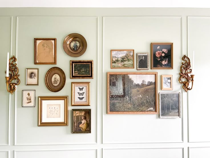 Mixing old family pictures with new prints found on Etsy was a great way to accent this wall in our guest room. Found frames fromna thrift store and used rub n buff to bring them back to life! Picture Frame Accent Wall Ideas, Gallery Wall Old Frames, Picture Frame Wall Collage Bedroom, Thrifted Photo Frame Wall, Mixed Gold Frame Gallery Wall, Wall Collage Frames Ideas, Gold Framed Wall Art Living Rooms, Mixed Picture Wall, Photo Wall Mixed Frames