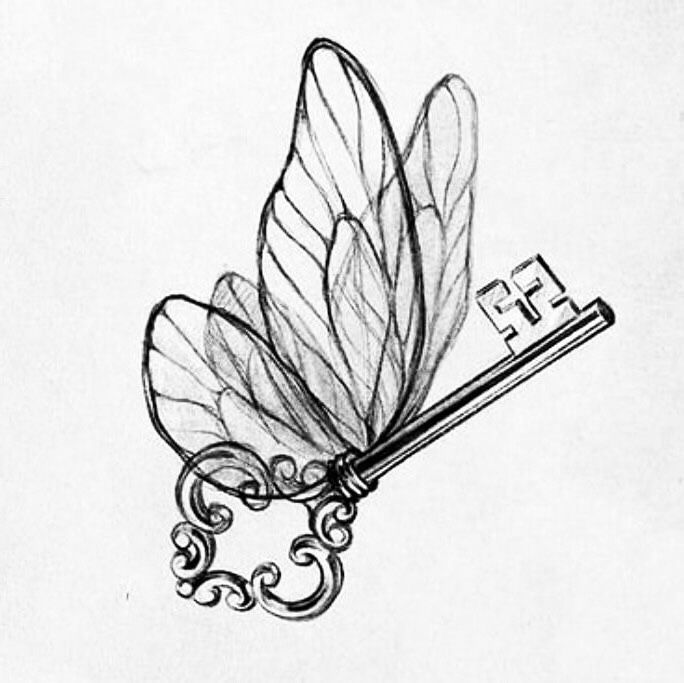 a black and white drawing of a key with a butterfly on it's wing