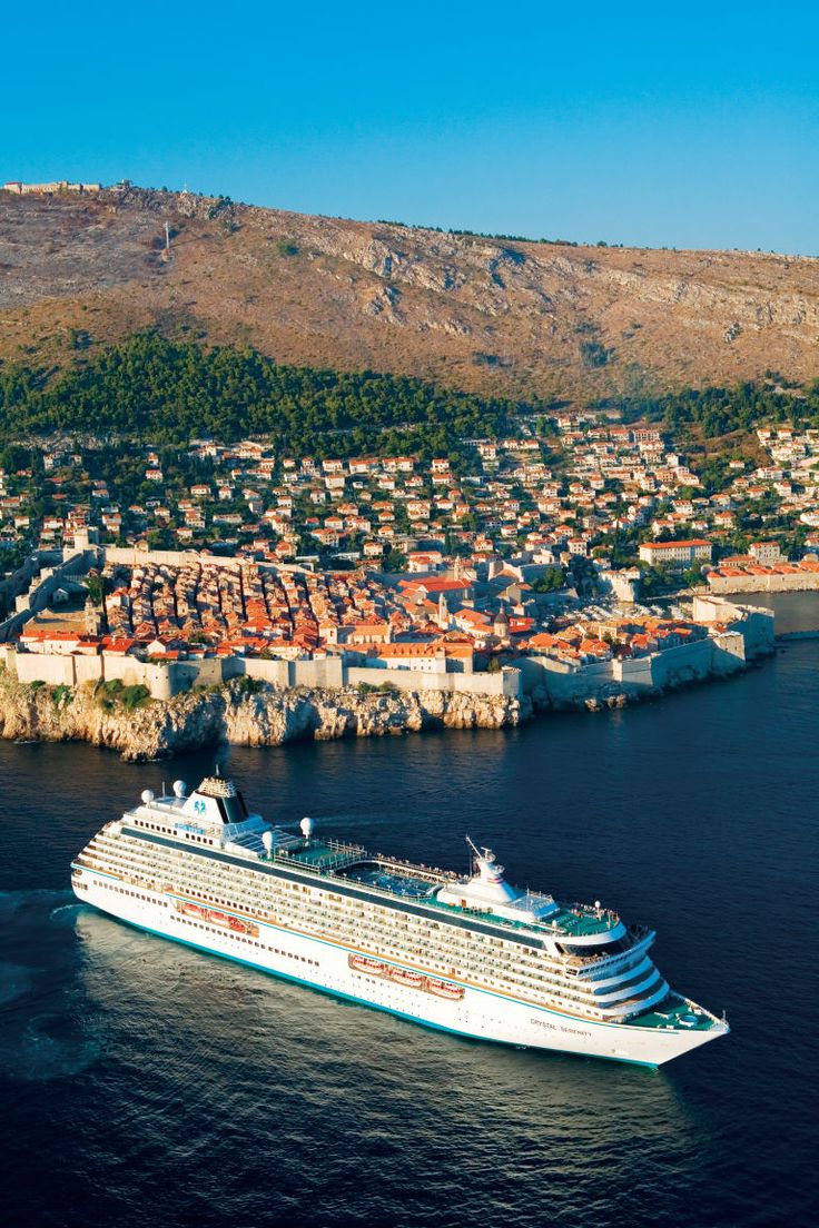 a cruise ship in the water near a small town and hill side cityscape