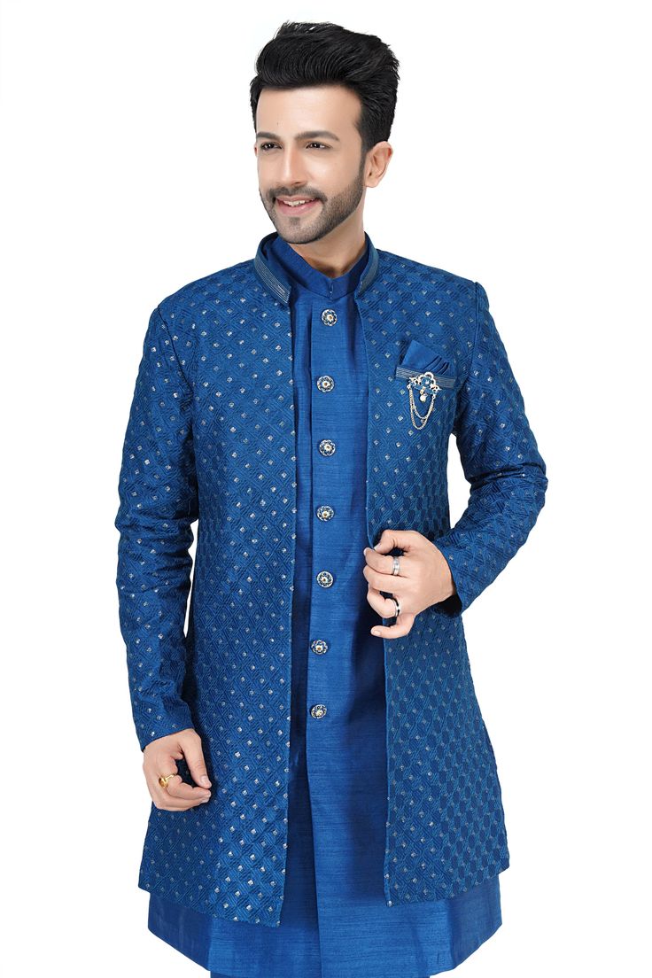 Mens Kurta Set With Tiki Embroidered Bandhgala Jacket. Premium quality fabric Jacket enhanced with resham embroidery. Paired with plain kurta Comes with matching churidar payjama Shoes not included Winter Ceremonial Bandhgala With Resham Embroidery, Traditional Blue Bandhgala With Naqshi, Kurta Paijama Jacket For Men, Blue Bollywood Jamawar Kurta, Kurta Payjama Jacket, Churidar, Premium Quality, Quality Fabric, Fabric