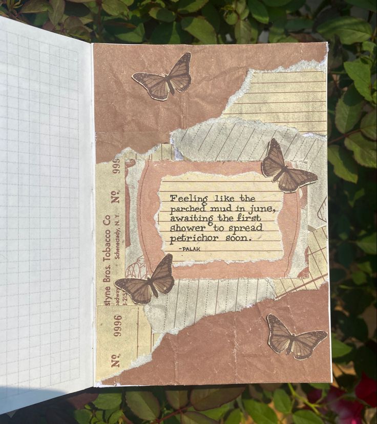 an open book with butterflies on it and a notepad in the middle that says, facing life has always begun