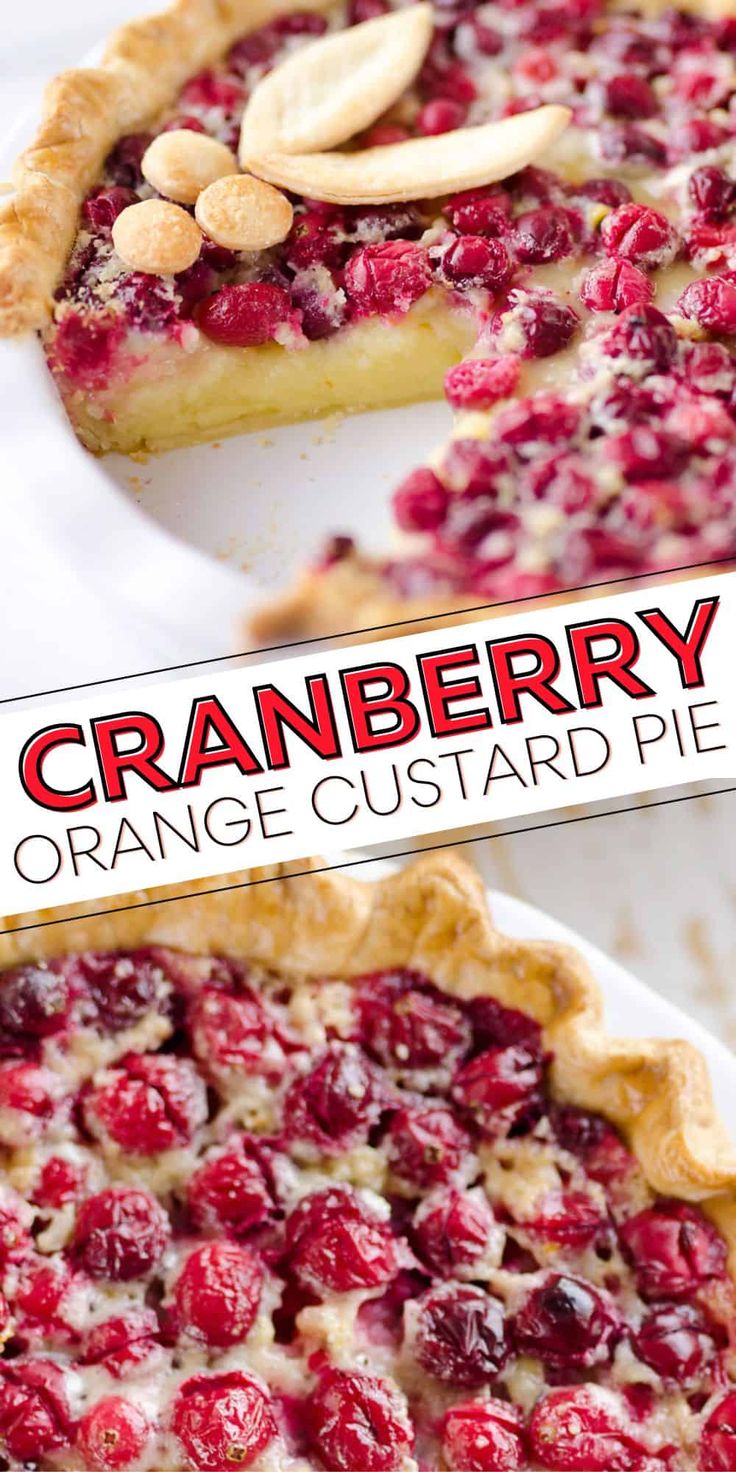 an orange custard pie with cranberry toppings on top is shown