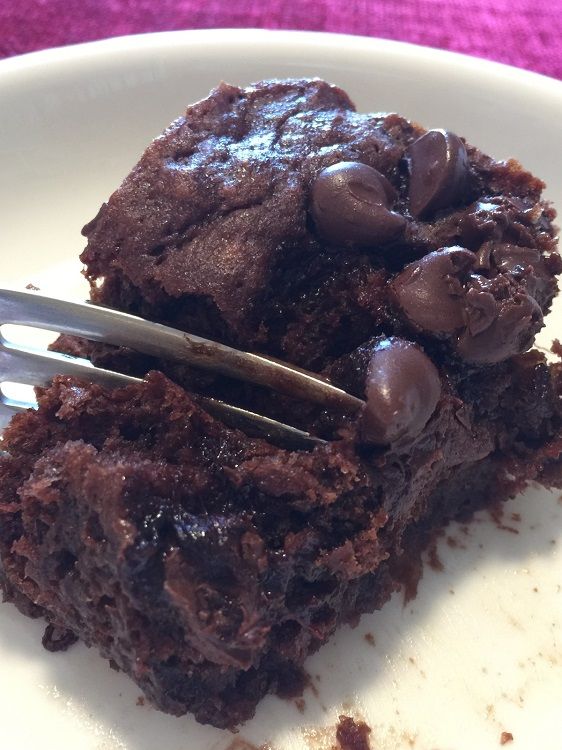 a white plate topped with chocolate brownies and a fork