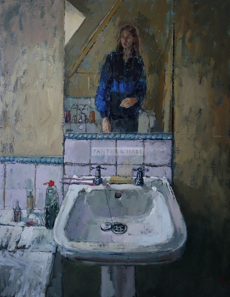 a painting of a woman standing in front of a mirror next to a bathroom sink