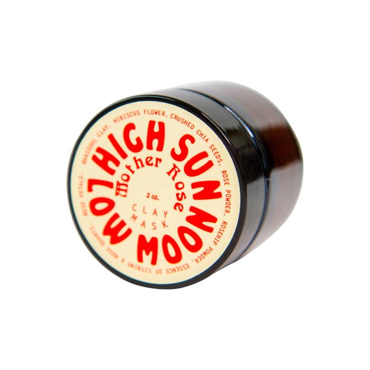 a black and white container with red writing on the lid that says, high sun woman