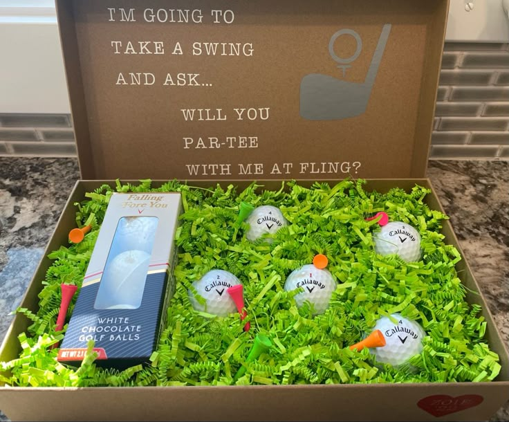 an open box with golf balls in it and some writing on the inside that says i'm going to take a swing and ask will you par - tee with me at fling?