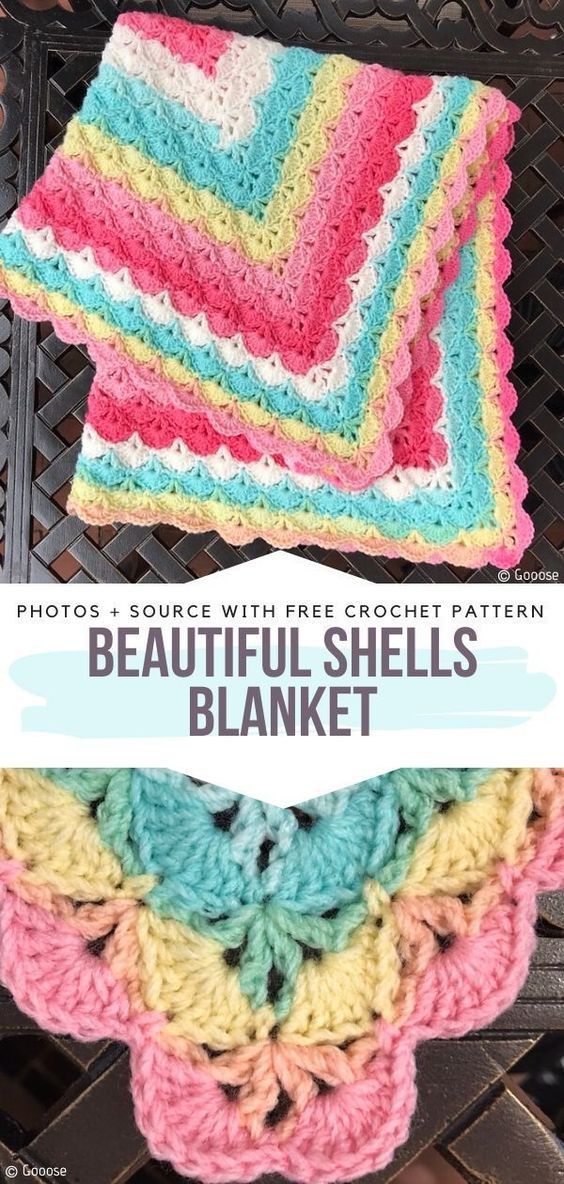 two crocheted blankets with the words beautiful shells blanket written in blue and pink