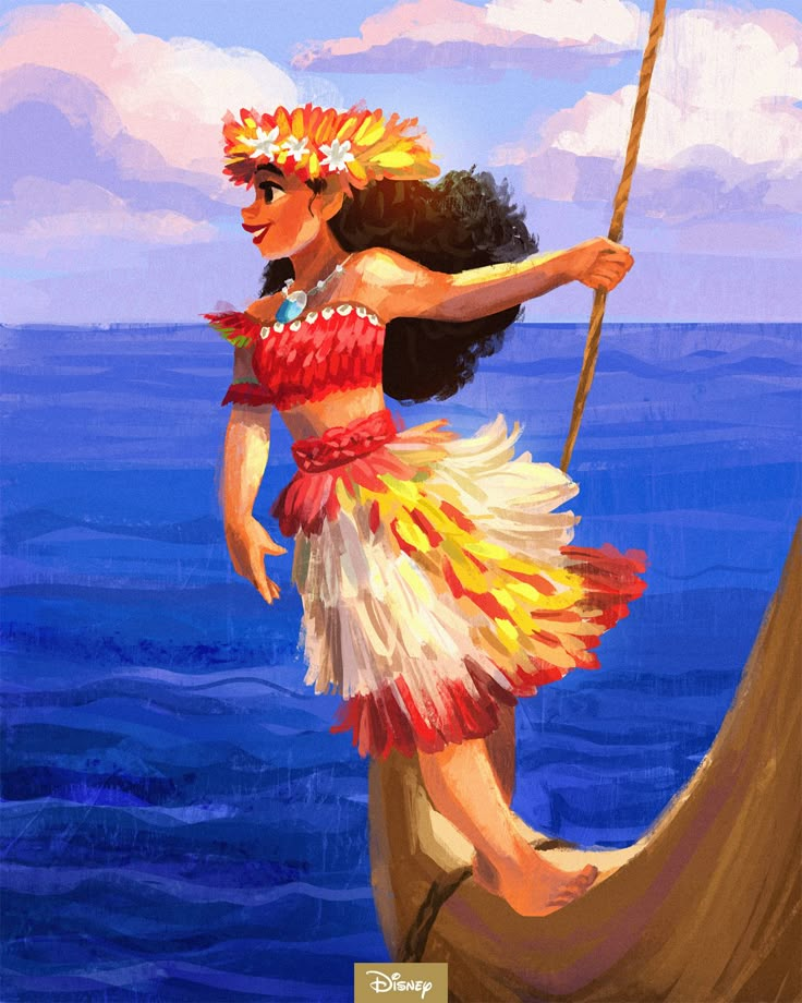 a painting of a woman in a hula skirt on the side of a boat