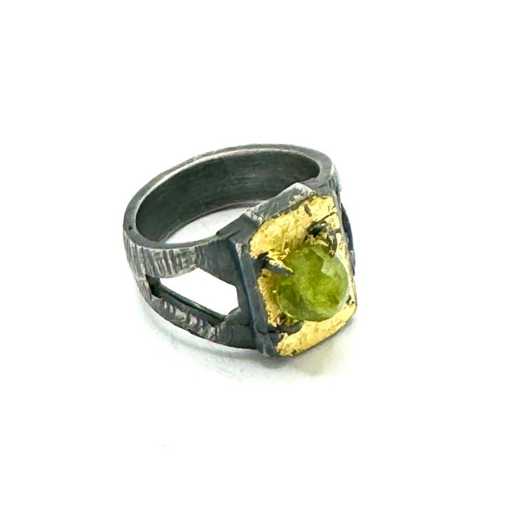 This ring was inspired by brutalist architecture with a darker style. Cast in sterling silver and oxidized dark. The central stone is a high quality sphene accented in 23k gold leaf. The band is sanded smooth to a 400 grit finish, oxidized and then some surface is removed for an antique look.  Size 10 Finds Aesthetic, Brutalist Ring, Dark Modern, Bold Rings, Brutalist Architecture, Black Moon, Punk Jewelry, Gothic Jewelry, Dark Fashion