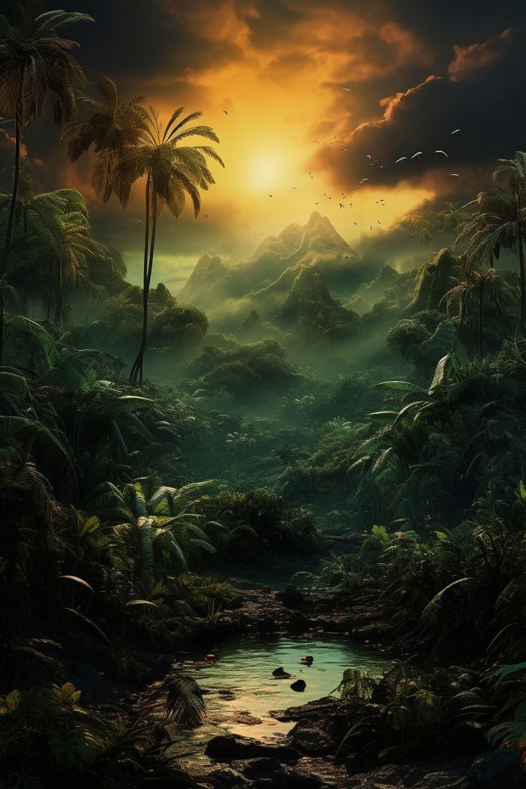 an image of a jungle scene with palm trees and birds flying over the water at sunset