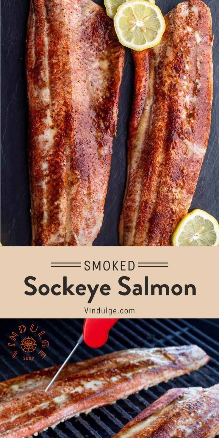 smoked sockeye salmon on the grill with lemon wedges