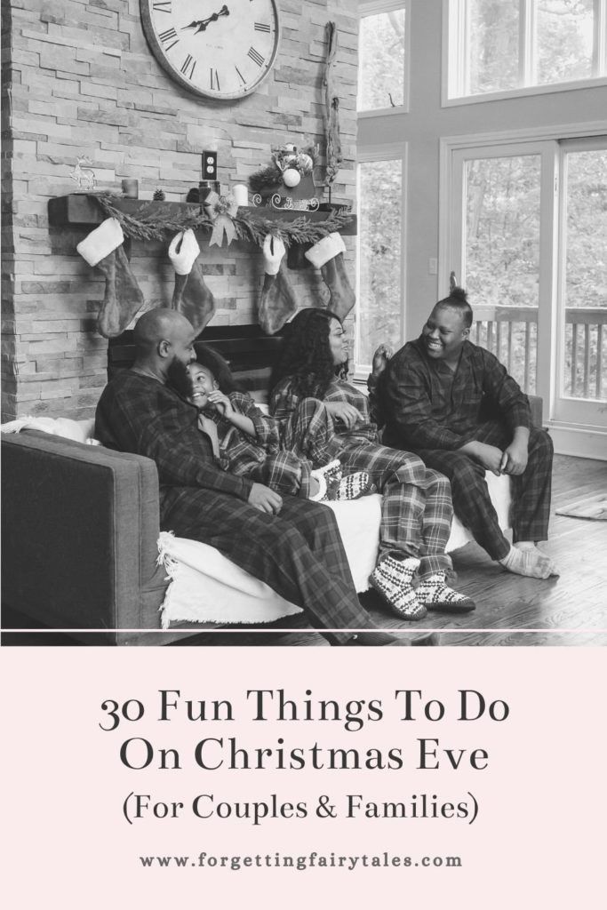 two men sitting on a couch in front of a christmas tree with the words, 30 fun things to do on christmas eve for couples and families