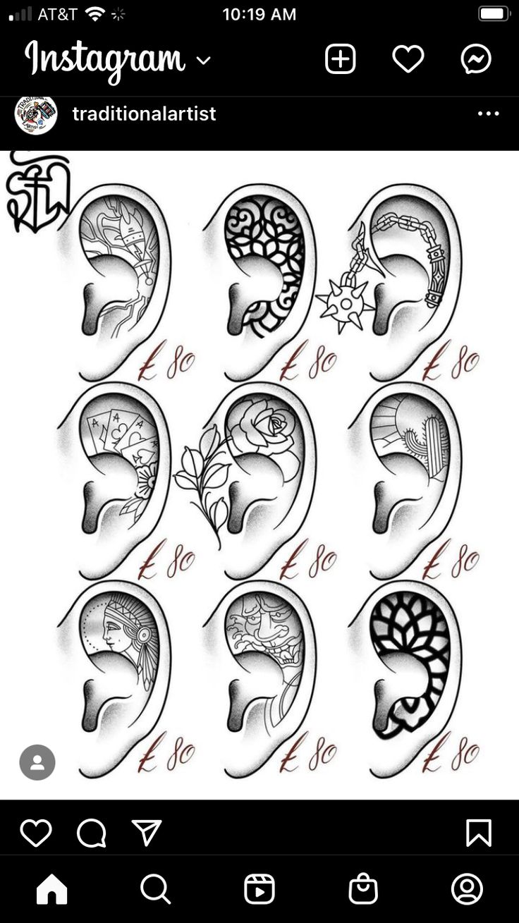 ear tattoo designs for men and women with the symbols of different body parts on them