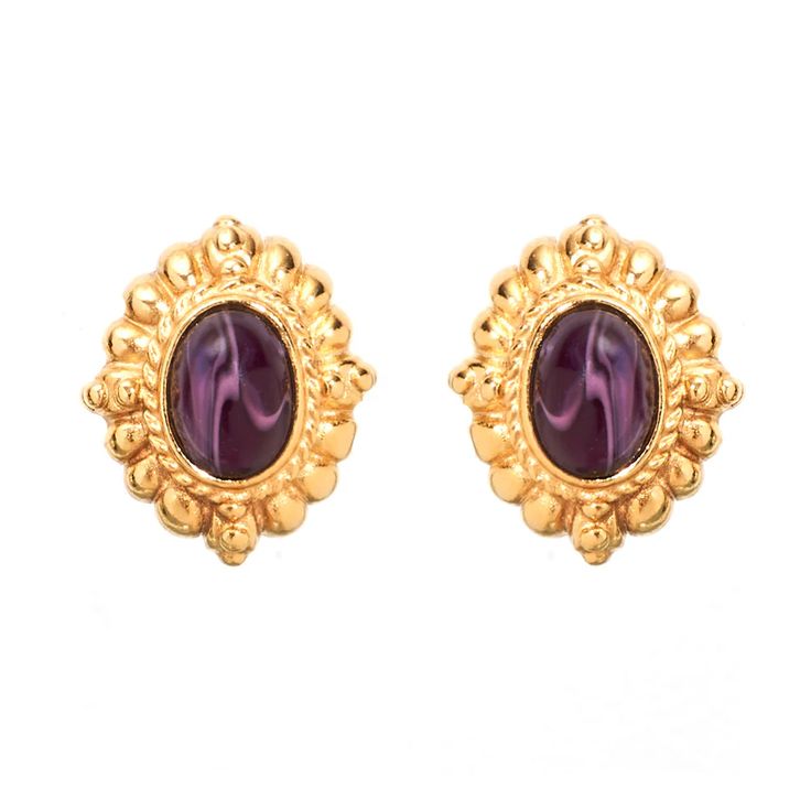 Cassian Purple Statement Clip On Earrings | Ben-Amun Jewelry Elegant Purple Cabochon Earrings, Elegant Purple Clip-on Earrings For Formal Occasions, Elegant Purple Clip-on Earrings, Gold Gemstone Clip-on Earrings For Formal Occasions, Formal Gold Gemstone Clip-on Earrings, Gold Plated Clip-on Plug Earrings, Formal Purple Clip-on Jewelry, Purple Clip-on Earrings For Formal Occasions, Purple Clip-on Earrings