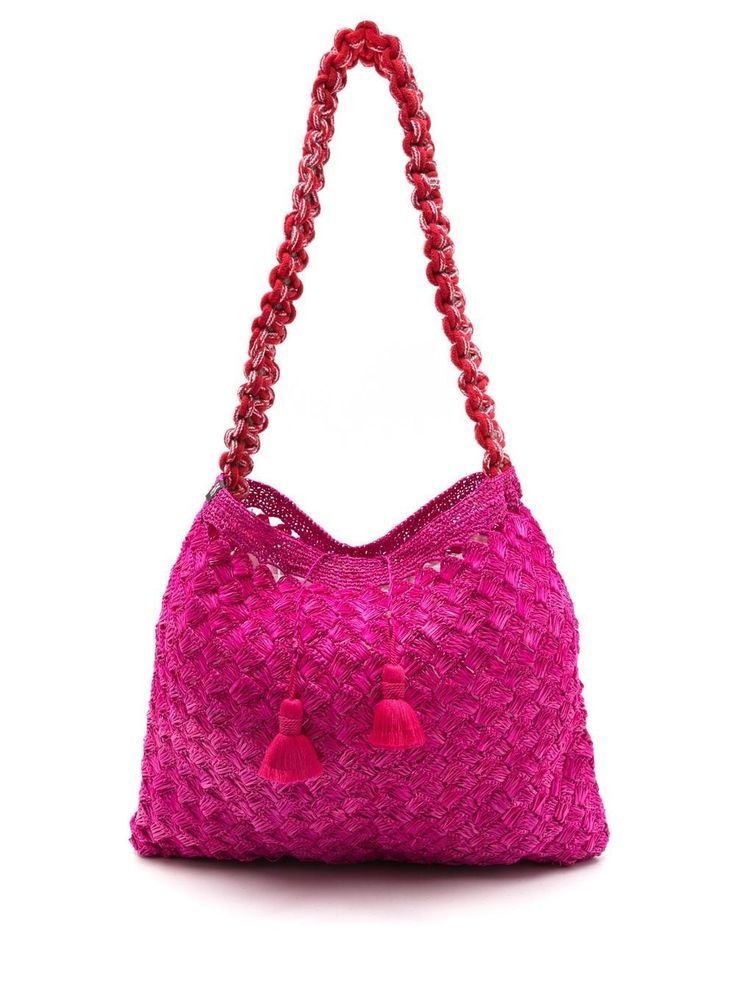 fuchsia pink straw interwoven design tassel detail logo patch to the side braided top handles main compartment Conscious: We've partnered with Good On You – an ethical agency that rates how sustainably brands perform. This item comes from a brand that performs well in relation to their impact on people, which ensures good working conditions in the supply chain. Shoulder Bag Pink, Sustainable Practices, Woven Design, Fuchsia Pink, Supply Chain, Pink Bag, Modern Luxury, Patch Logo, Top Handle