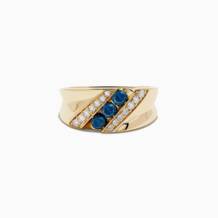 Effy Men's 14K Yellow Gold Blue and White Diamond Ring Blue Diamond Signet Ring With Polished Finish, Blue 14k Gold Signet Ring Fine Jewelry, Blue 14k Stamped Signet Ring For Formal Occasions, Formal Blue 14k Gold Signet Ring, Luxury Blue Signet Ring, Blue Formal Signet Ring In Fine Jewelry Style, Blue Signet Ring For Formal Occasions, Luxury Blue Rings With Channel Set, 14k Gold Blue Diamond Ring