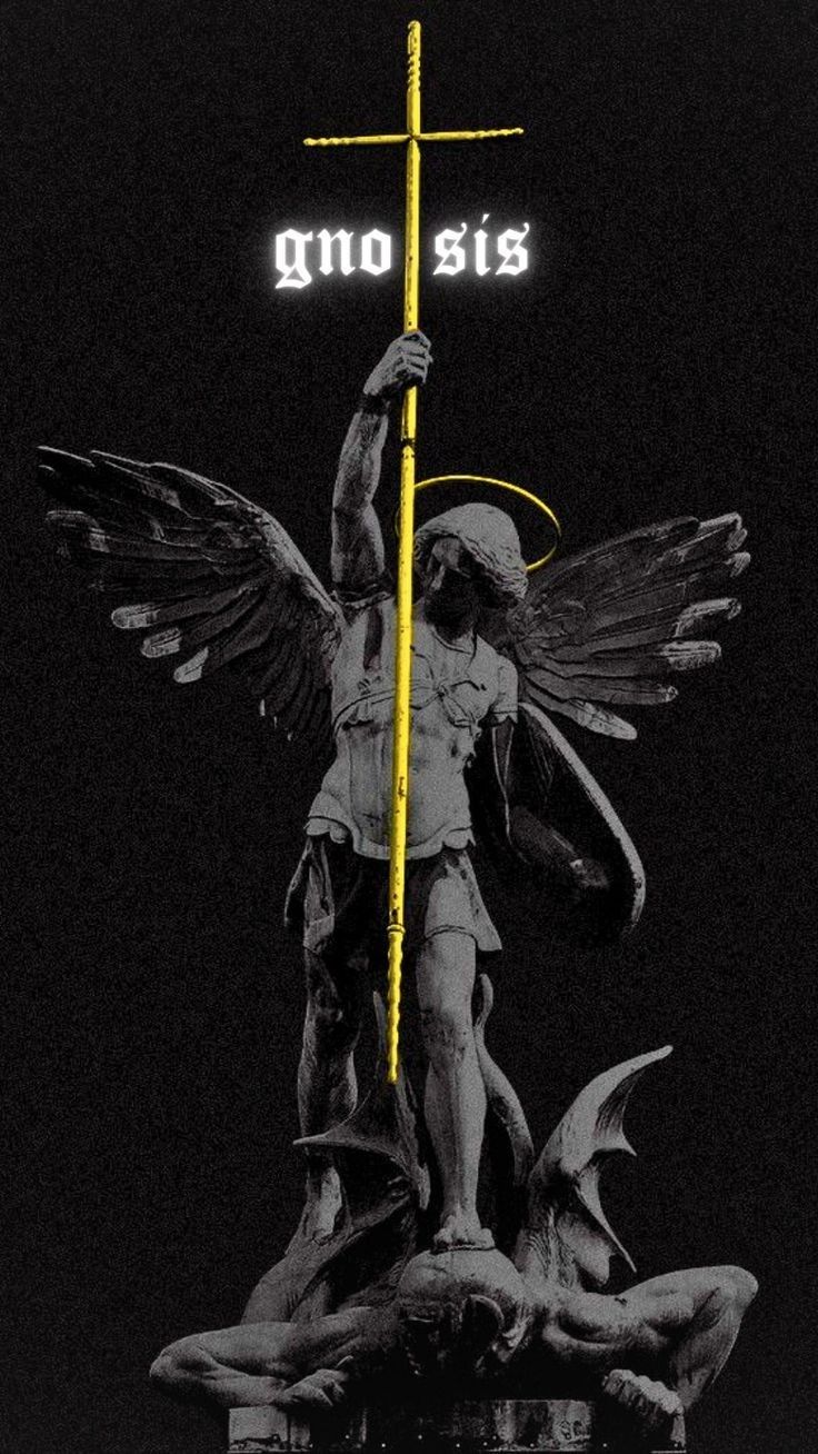 an angel holding a cross on top of a statue in front of a neon sign