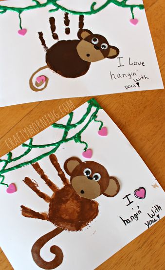 two handprinted cards with monkeys on them