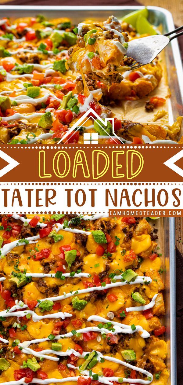 loaded tater tot nachos in a baking pan