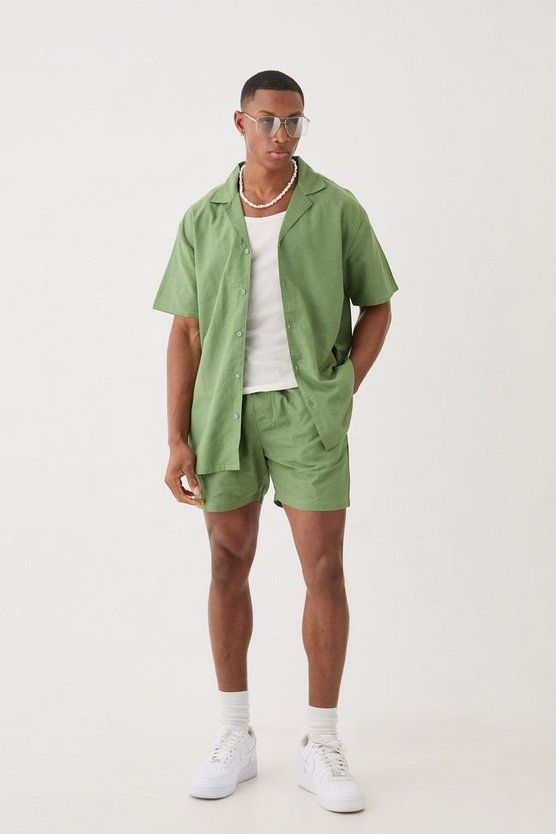 Short Sleeve Oversized Linen Shirt & Short Set | boohooMAN USA Summer Vacation Mens Outfits, Summer Man Clothes, Men's Vacation Style, Beach Chic Men, Men’s Rave Fits Summer, Mens Layering Outfits Summer, Island Men Outfit, Men’s Matching Set, Green Summer Outfit Men