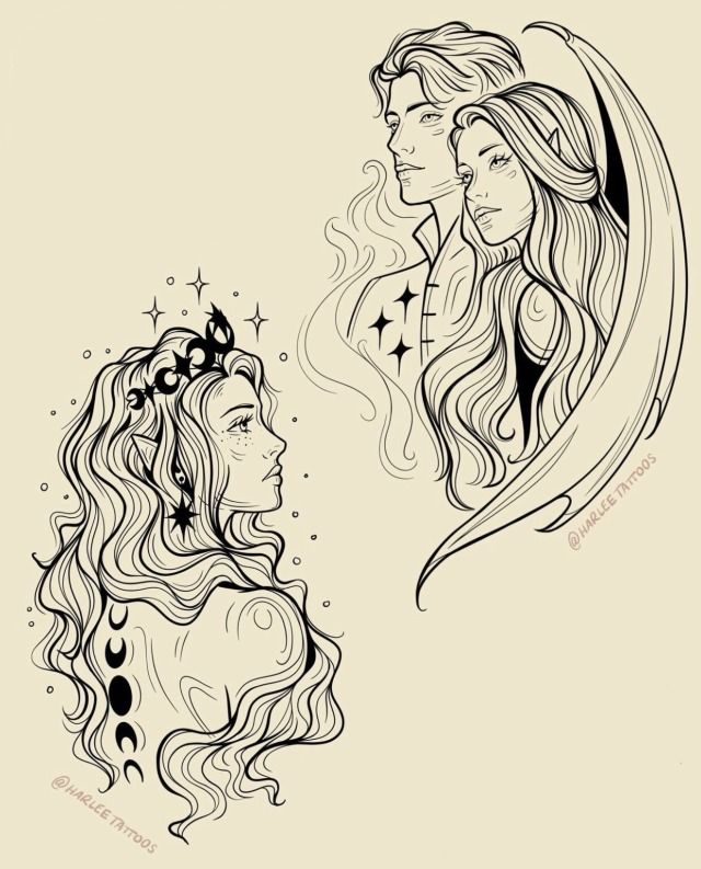 two women with long hair and stars on their heads, one is looking at the other