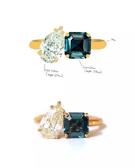 three different types of engagement rings with their names on the front and side, including an emerald